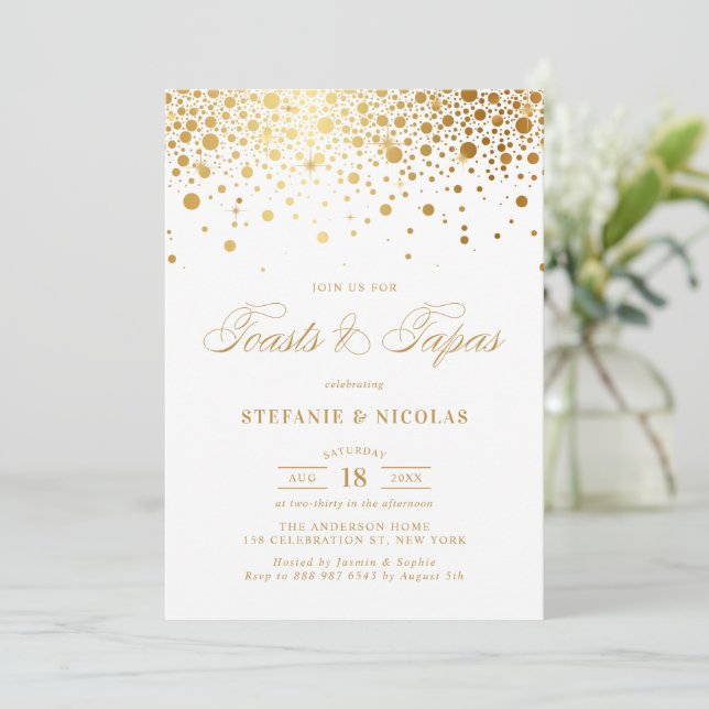 Convite Faux Gold Foil Confetti White Toasts e Tapas (Em pé/Frente)