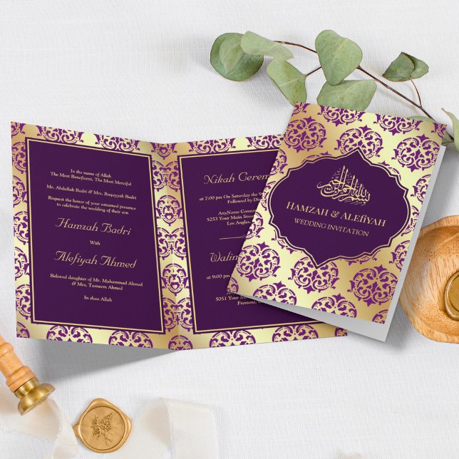 Convite Faux Gold Foil Dark Purple Damask Muslim Wedding (Criador carregado)