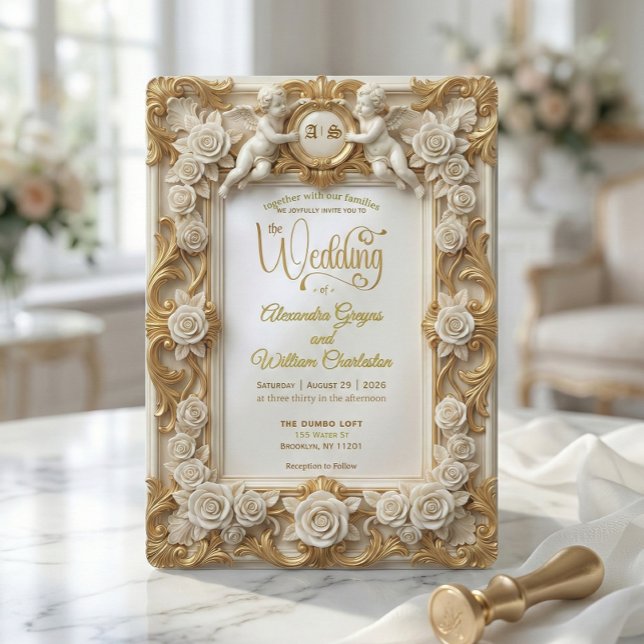 Convite Faux Gold Foil Embossed Style Baroque Monogram (Criador carregado)