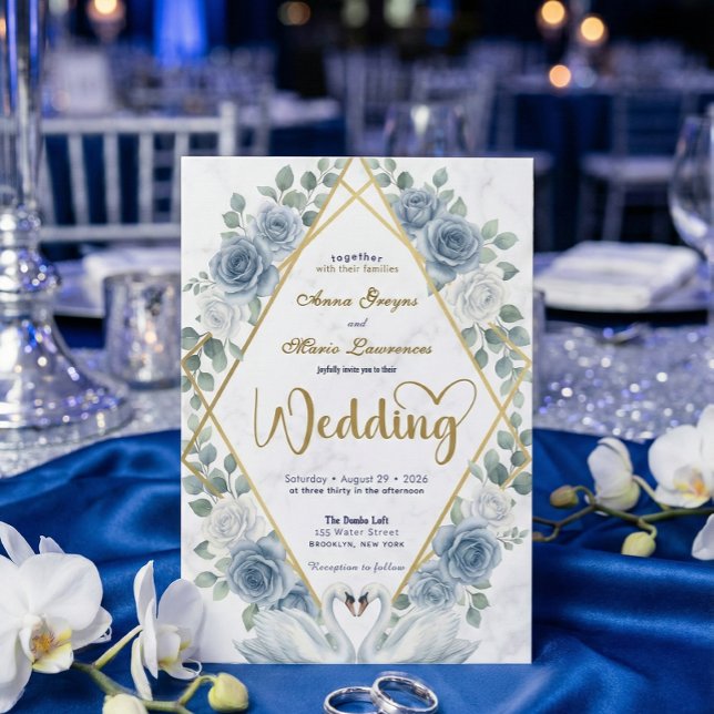 Convite Faux Gold Foil Geometric Marble Blue Floral (Criador carregado)