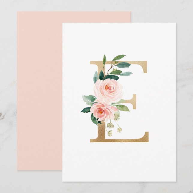 Convite Faux Gold Foil - Letra E Blush Monograma Floral (Frente/Verso)