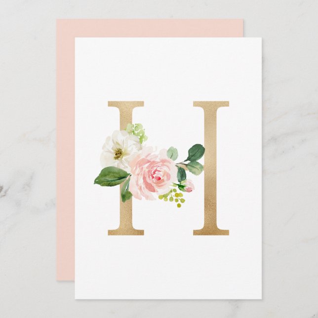 Convite Faux Gold Foil - Letra H Blush Monograma Floral (Frente/Verso)