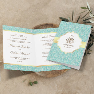 Convite Faux Gold Foil Light Teal Damask Muslim Casamento