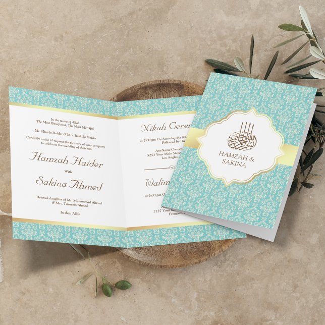 Convite Faux Gold Foil Light Teal Damask Muslim Casamento (Criador carregado)