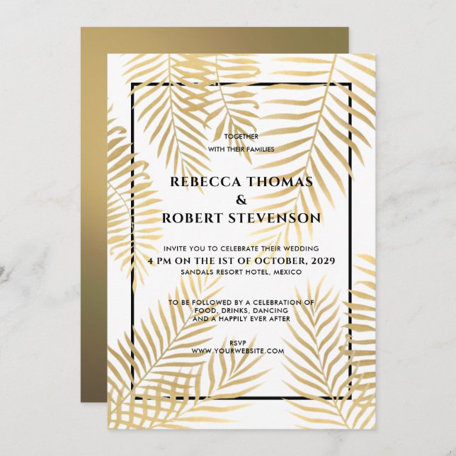Convite Faux Gold Foil Palm Deixa Casamento Tropical de Pr (Frente/Verso)