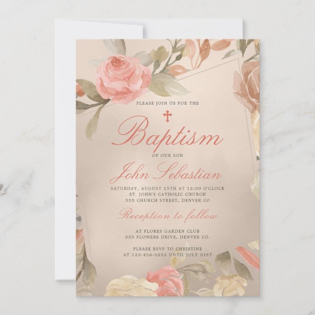 Convite Faux Gold Foil Peach Cream Floral Baptism (Frente)