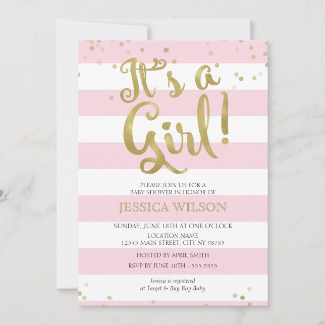 Convite Faux Gold Foil Pink Strips Chá de fraldas é uma ga (Frente)
