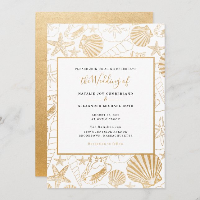 Convite Faux gold foil sea shell casamento, tema da praia (Frente/Verso)