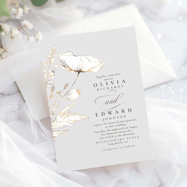 Convite Faux Gold Foil Selvagens Flores Leves Casamento de (Wildflowers Elegant Wedding Invitation)