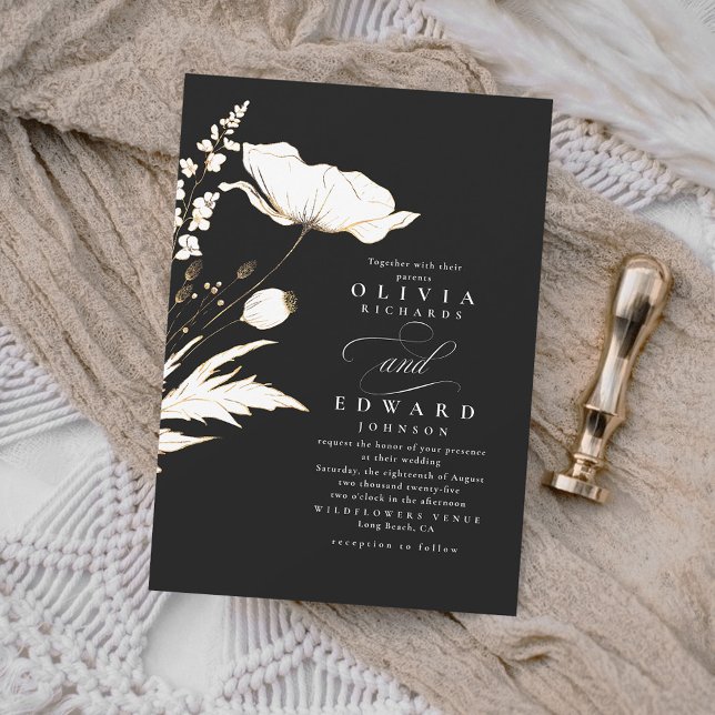 Convite Faux Gold Foil Selvagens Flores Selvagens Casament (Criador carregado)