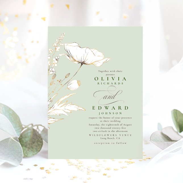 Convite Faux Gold Foil Selvagens Flores Selvagens Sage Cas (Soft Green Wildflowers Wedding Invitation )