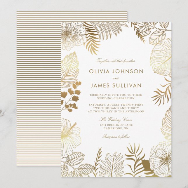 Convite Faux Gold Foil Tropical Vegetais Casamento (Frente/Verso)