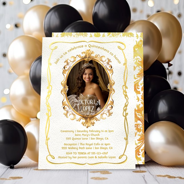 Convite Faux gold foto royal quinceanera aniversário (Criador carregado)