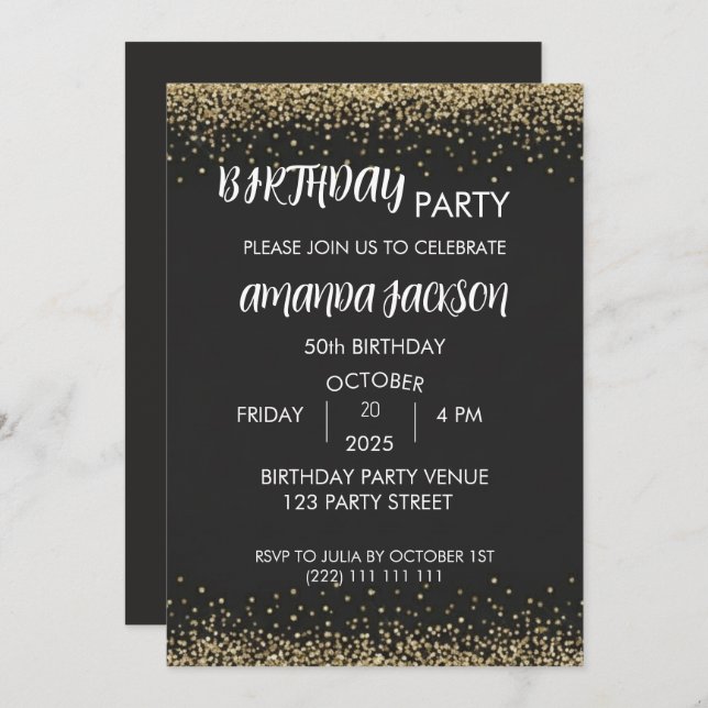 Convite Faux Gold Glitter Black 50th Birthday Invite (Frente/Verso)