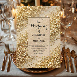 Convite Faux Gold Glitter Casamento Luxuoso com QR Code
