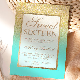 Convite Faux gold glitter elegante aqua teal Sweet 16