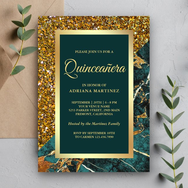 Convite Faux Gold Glitter Teal Green Marble Quinceanera (Criador carregado)