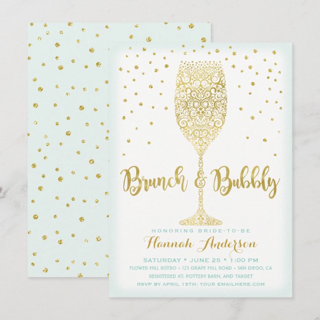 Convite Faux Gold & Mint Brunch & Bubbly Chá de Noiva (Frente/Verso)