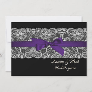 Convite Faux lace ribbon púrpura casamento preto Obrigado