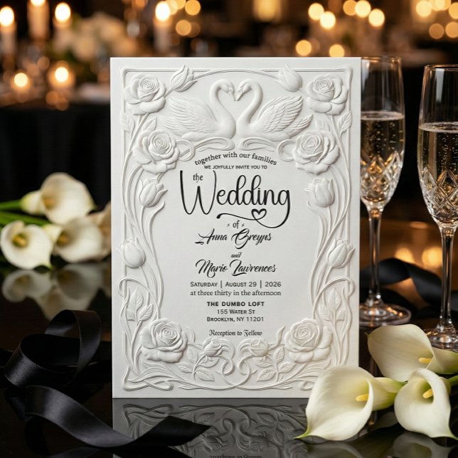 Convite Faux Letterpress Embossed Floral Swan Wedding   (Criador carregado)