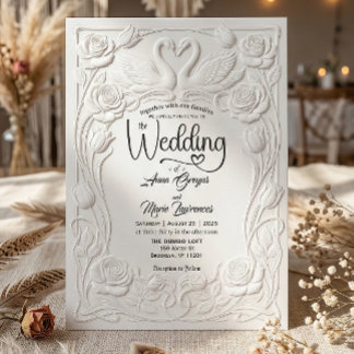 Convite Faux Letterpress Embossed Floral Swan Wedding
