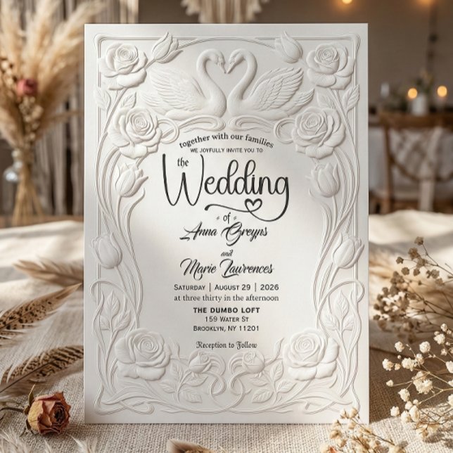 Convite Faux Letterpress Embossed Floral Swan Wedding   (Criador carregado)