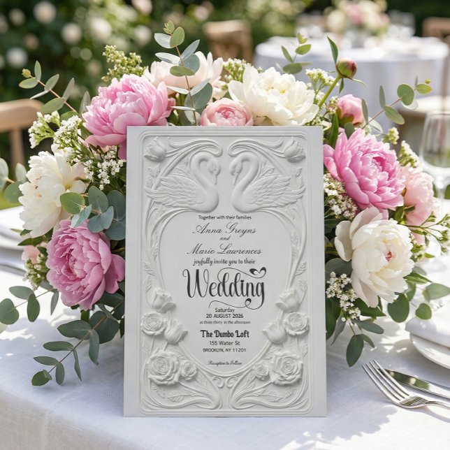Convite Faux Letterpress Swans Formal Black Tie Wedding (Criador carregado)