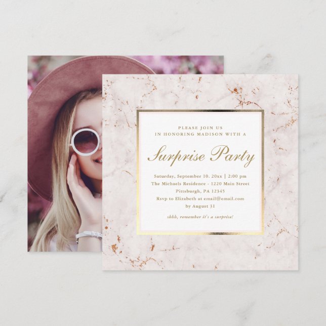 Convite Faux Pink Marble com Photo Surprise Party (Frente/Verso)
