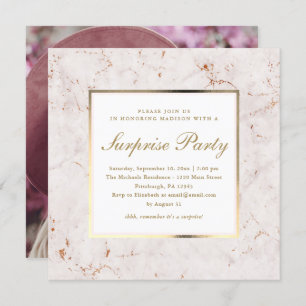 Convite Faux Pink Marble com Photo Surprise Party