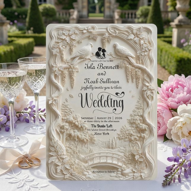 Convite Faux Relief Carved Pastoral Birds Wedding (Criador carregado)