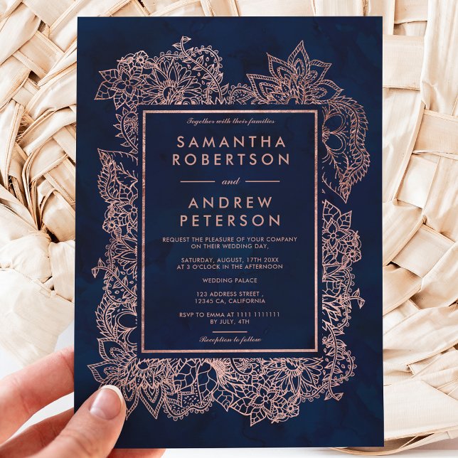 Convite Faux rosa de ouro marinho azul- azul-água casament (Criador carregado)