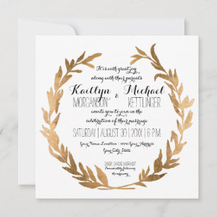Convite Faux Rosa Dourado Laurel Wreath Olive Leaf Square