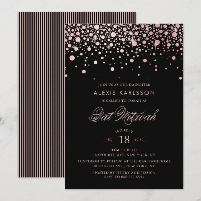 Convite Faux Rosa Gold Foil Confetti Black Bat Mitzvah (Frente/Verso)