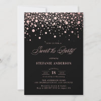 Faux Rosa Gold Foil Confetti Black Sweet 16 Party