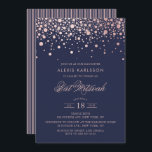 Convite Faux Rosa Gold Foil Confetti Blue Bat Mitzvah<br><div class="desc">Convide a família e os amigos para a sua filha Bat Mitzvah com este convite moderno e elegante. Ele apresenta pontos de confetti rosa dourados falsos e padrão de listras em fundo azul escuro. Personalize adicionando nome,  data,  hora,  local e outros detalhes do evento. Itens correspondentes estão disponíveis.</div>