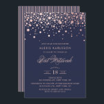 Convite Faux Rosa Gold Foil Confetti Blue Bat Mitzvah<br><div class="desc">Convide a família e os amigos para a sua filha Bat Mitzvah com este convite moderno e elegante. Ele apresenta pontos de confetti rosa dourados falsos e padrão de listras em fundo azul escuro. Personalize adicionando nome,  data,  hora,  local e outros detalhes do evento. Itens correspondentes estão disponíveis.</div>