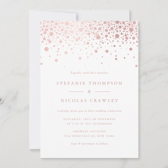 Convite Faux Rosa Gold Foil Confetti Dots Casamento (Frente)