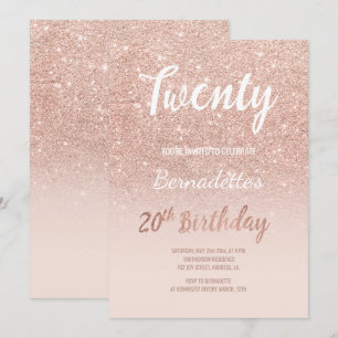 Convite Faux rosa gold glitter ombre 20 de Aniversário