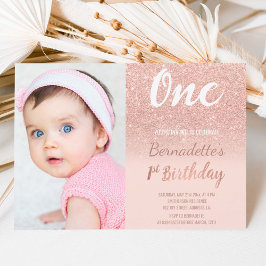 Convite Faux rosa gold glitter ombre foto primeiro Anivers