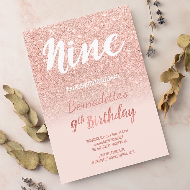 Convite Faux rosa gold glitter ombre nove Aniversário (Faux rose gold glitter ombre nine Birthday Invitation)