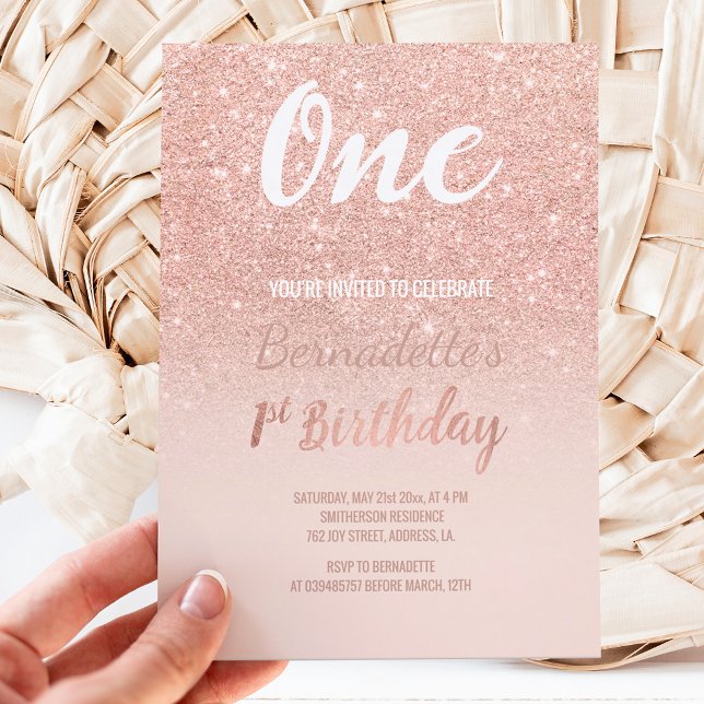 Convite Faux rosa gold glitter ombre primeiro Aniversário (Criador carregado)