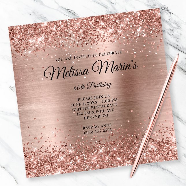 Convite Faux Rose Gold Glitter Foil Monogram 60th Birthday (Create your own milestone birthday invitation for her.)