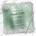 Convite Faux Shiny Silver Glitter Pale Mint Foil Monograma<br><div class="desc">Um convite de aniversário de 40 anos monograma glamouroso para ela. Brilhante prata esbranquiçada com faíscas contra uma imagem gráfica de folha metálica verde-esfregada, pouco clara e esfregada. O monograma de caligrafia branca e rico no centro pode ser personalizado. Todos os elementos brilhantes e brilhantes neste moderno design feminino são...</div>