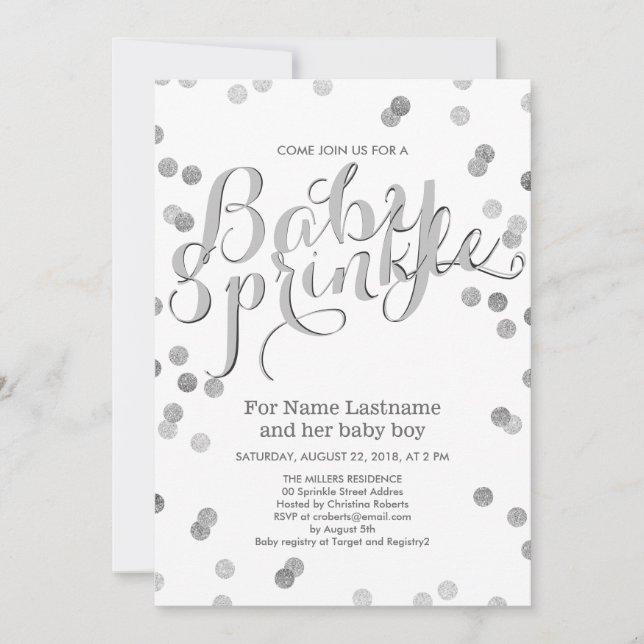 Convite Faux Silver Confetti Modern Baby Sprinkle Invite (Frente)