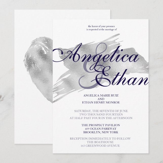 Convite Faux Silver Foil, Casamento Moderno (Frente/Verso)