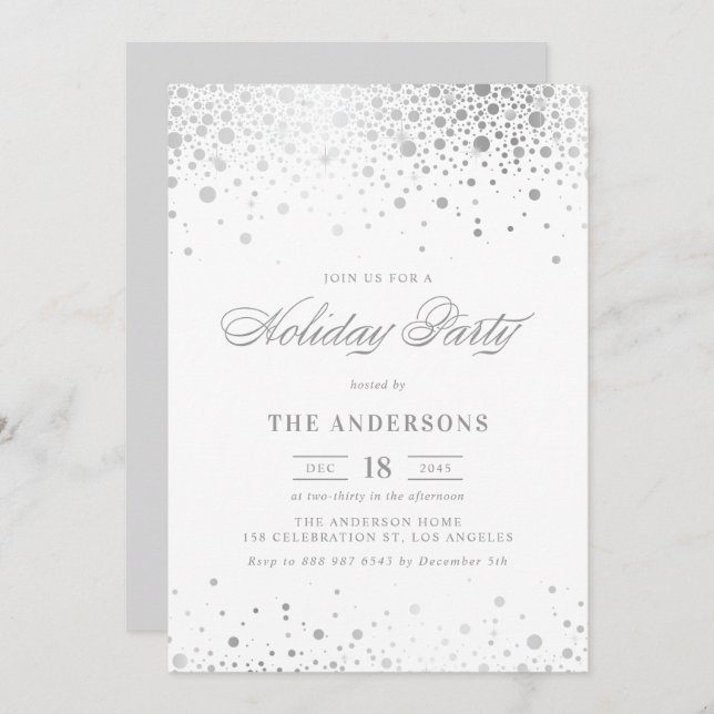 Convite Faux Silver Foil Confetti Holiday Party (Frente/Verso)