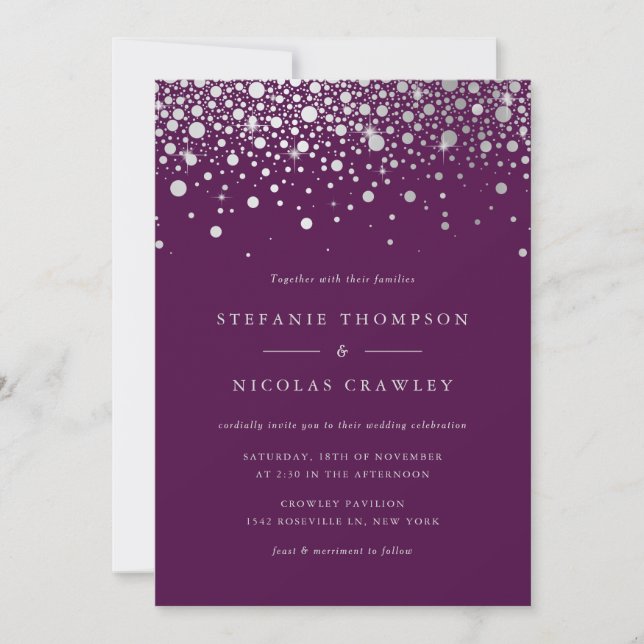 Convite Faux Silver Foil Confetti Pontos Casamento Roxo (Frente)