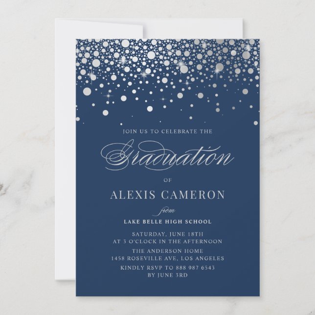 Convite Faux Silver Foil Confetti Pontos Graduação Azul (Frente)
