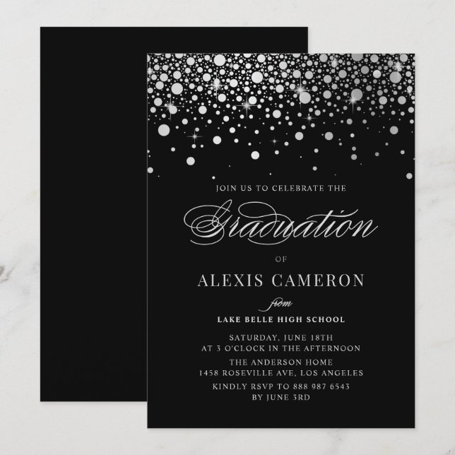 Convite Faux Silver Foil Confetti Pontos Pretos Graduação (Frente/Verso)