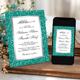 Convite Faux Silver Foil Teal Glitter Casamento Islâmico